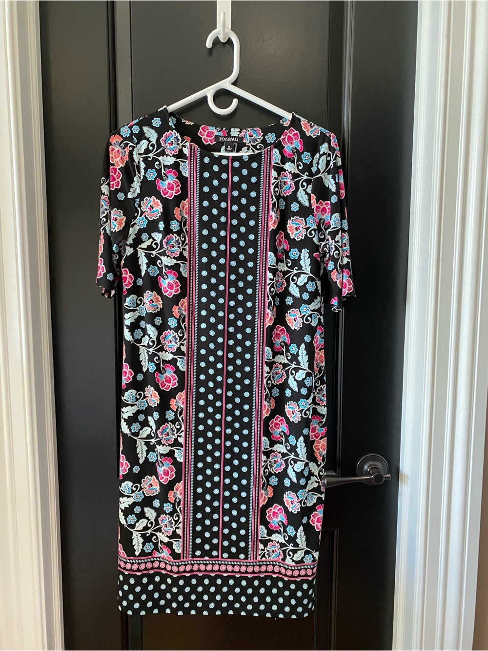Roz & Ali Black Mini Dress with Pink & Light Blue Floral Print